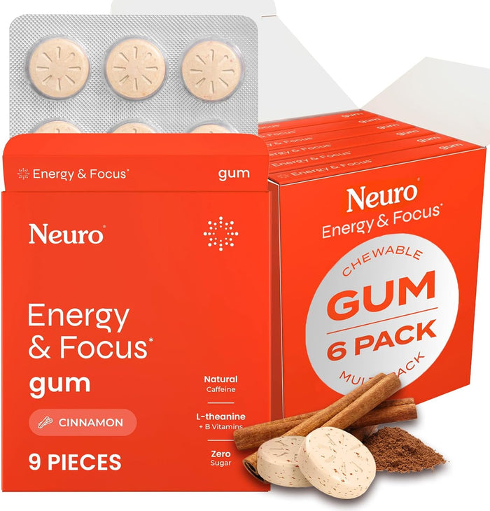NeuroGum Energy & Focus Gum (54 Count-6 Pack, Spearmint) | 40mg Natural Caffeine + L-Theanine + Vitamin B12 & B6 + Xylitol | Sugar Free Nootropic Cognitive Brain Performance Supplement