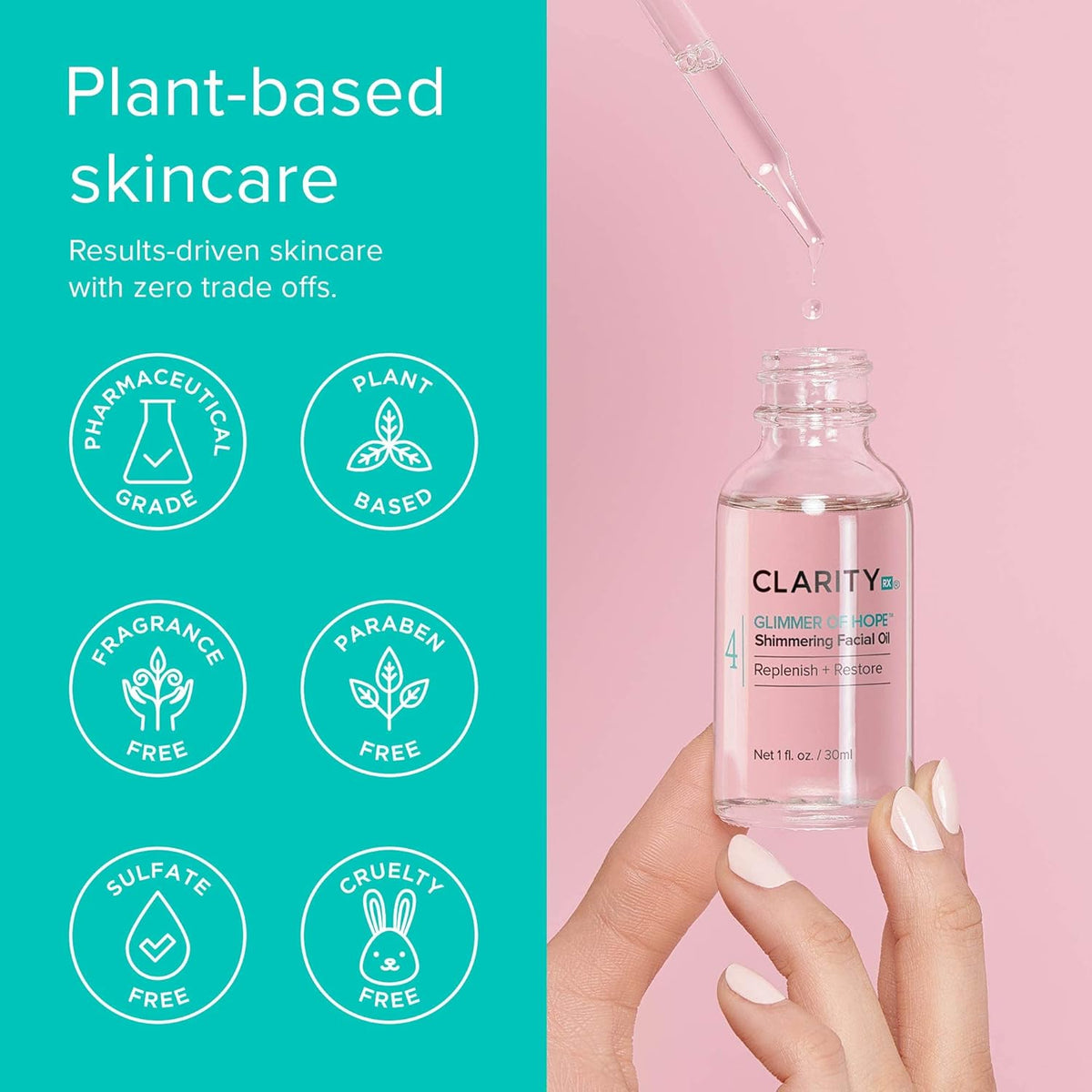ClarityRx Glimmer of Hope Shimmering Restorative Face Oil, Natural Plant-Based Moisturizing Facial Treatment with Coconut, Rose & Jojoba for Dry & Aging Skin (1 fl oz)