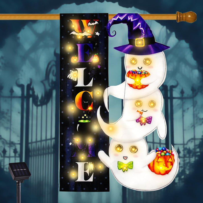 Halloween Lighted Garden Flag for Outside, Led Solar Yard Flag 8 Modes Witch Feet Shape Flag, 12x18 Double Sided Cauldron Eyeball Black Cat Decorations for Home Porch