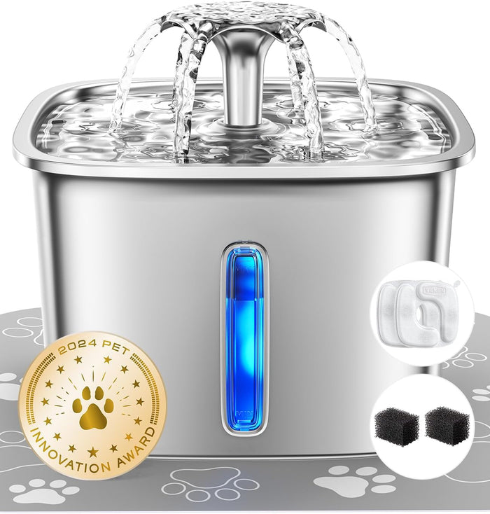 Veken Innovation Award Winner Stainless Steel Cat Water Fountain, 95oz/2.8L Automatic Pet Fountain Dog Water Dispenser with Replacement Filters & Silicone Mat, Gifts for Christmas, Cats, Dogs (Silver)