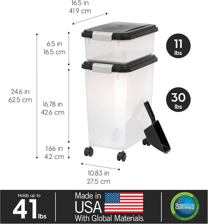 IRIS USA 3-Piece 41 Lbs / 45 Qt WeatherPro Airtight Pet Food Storage Container Combo with Scoop and Treat Box for Dog Cat and Bird Food, Keep Fresh, Translucent Body, Easy Mobility, Black