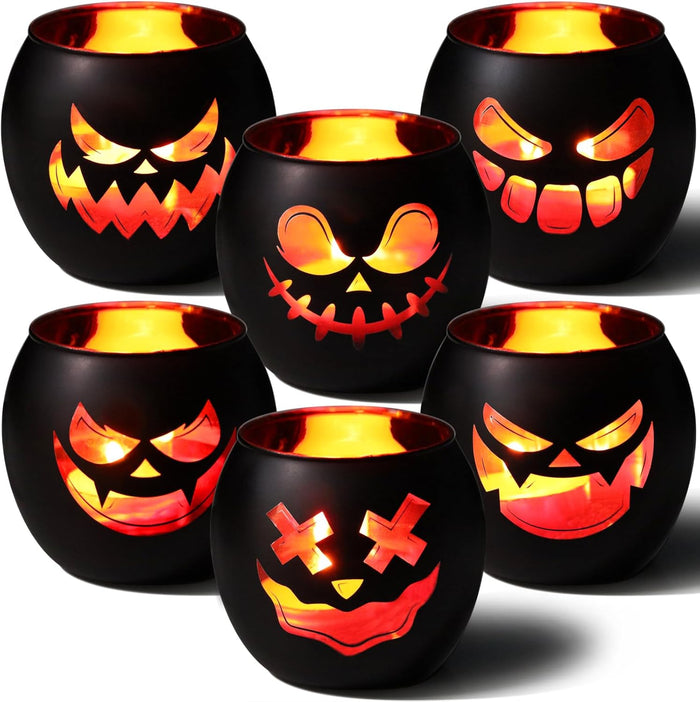 Halloween Table Decor Set of 6, Jack O Lanterns Black Glass Votive Tealight Candle Holders, Halloween Decorations Indoor Party Mantel Coffe Table Centerpiece Decor