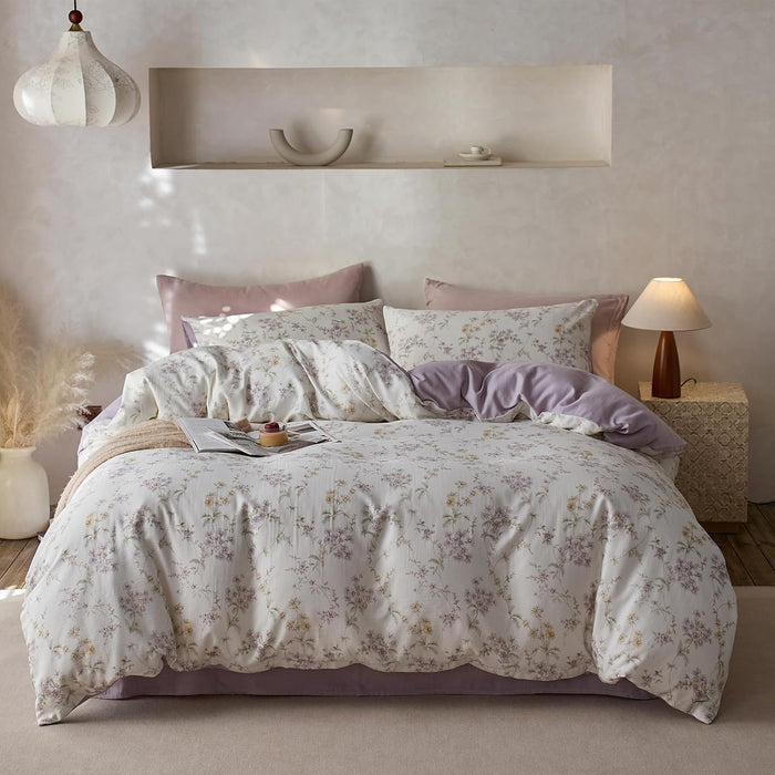 VM VOUGEMARKET Linen Cotton Jacquard Duvet Cover Queen,3 Pcs Yarn-Dyed Textured Duvet Cover Set Green Purple Floral Bedding Breathable, Natural Wrinkled Look-No Comforter