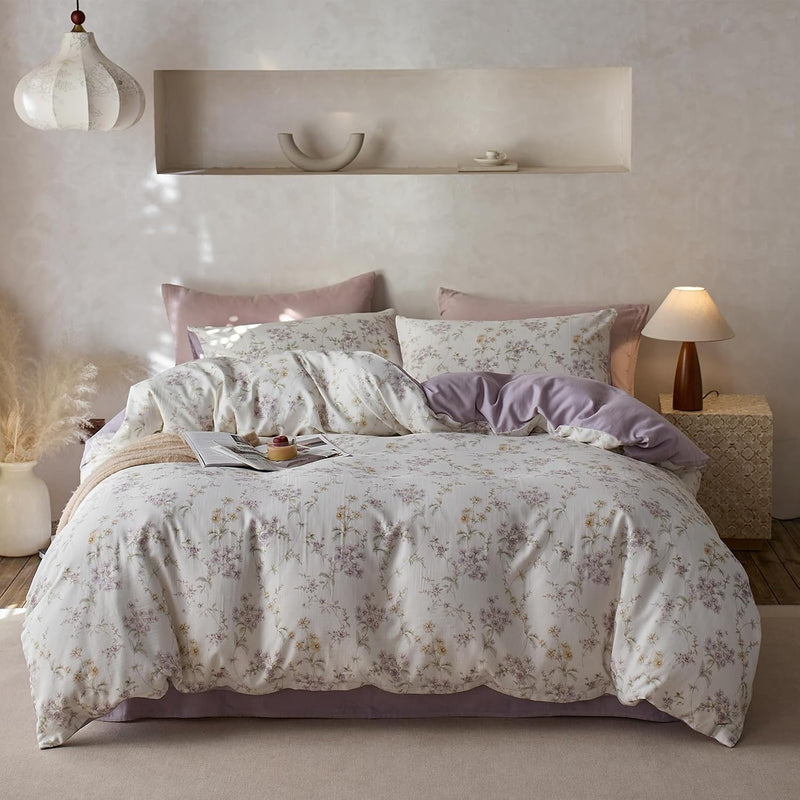 VM VOUGEMARKET Linen Cotton Jacquard Duvet Cover Queen,3 Pcs Yarn-Dyed Textured Duvet Cover Set Green Purple Floral Bedding Breathable, Natural Wrinkled Look-No Comforter