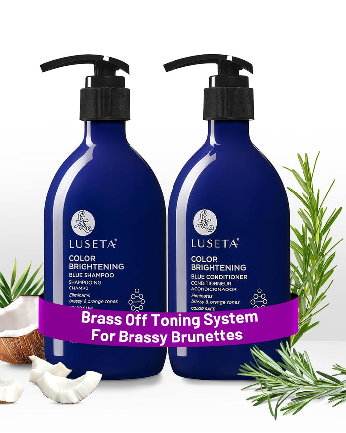 Luseta Blue Shampoo & Conditioner Set - Color Brightening for Brassy and Brunette Treated Hair, Revive Cool Tones, 2x 16.9oz