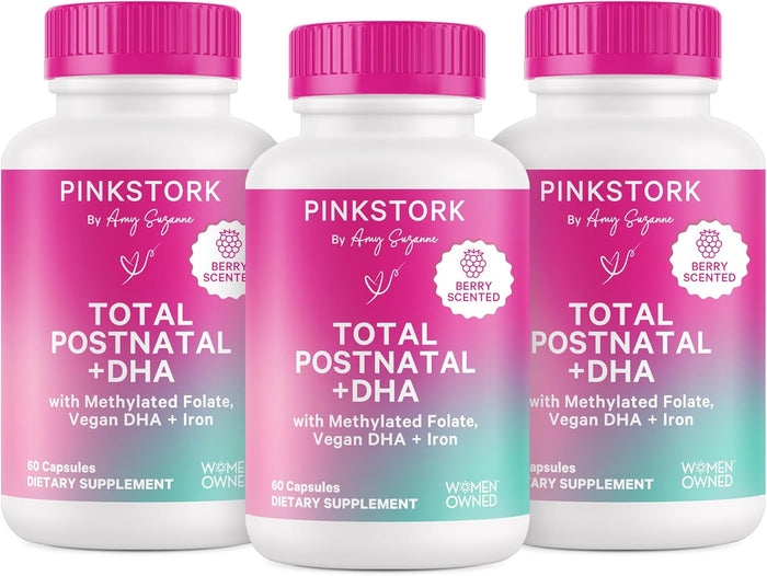 Pink Stork Total Postnatal Vitamins for Women – Berry Flavored Postpartum Multivitamin with Vegan DHA, Iron, Folate, B12 & Nutrients – Breastfeeding Support & Daily Wellness – 1 Month Supply