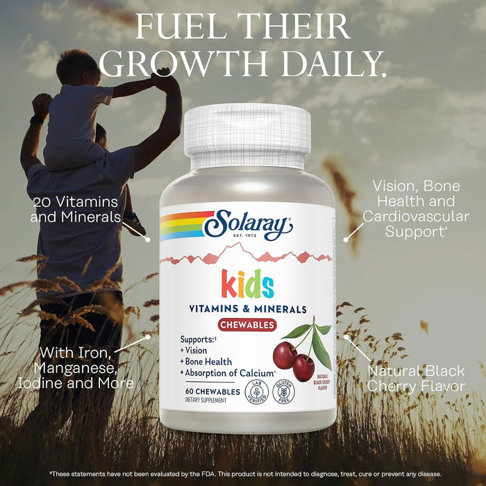 SOLARAY Childrens Vitamins & Minerals Complete Multivitamin for Kids Great Black Cherry Flavor (076280047974) (120 Chews, 60 Serv)