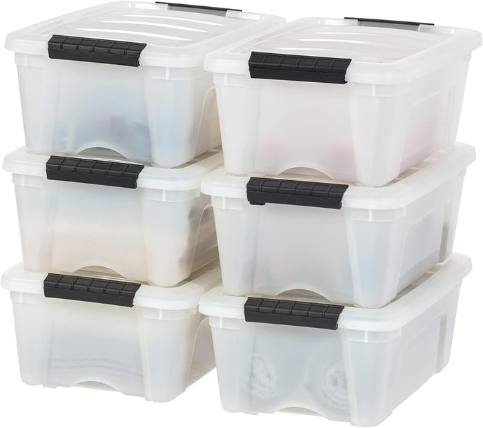 IRIS USA 6-Pack 54 Quart Stackable Storage Bins with Lids [Made in USA] - Everyday Organizer Latching Clear Plastic Organization Containers Closet Bedroom Shelving Units Home Storage - Clear/White
