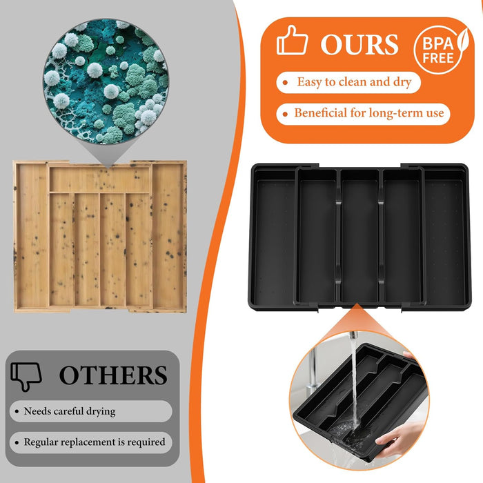 Large Silverware Organizer, Expandable Utensil Drawer Organizer for Kitchen Drawers, Kitchen Drawer Organizer for Spoons/Forks/Knives, Multipurpose & BPA Free Cutlery Tray, Black, 1 Pack