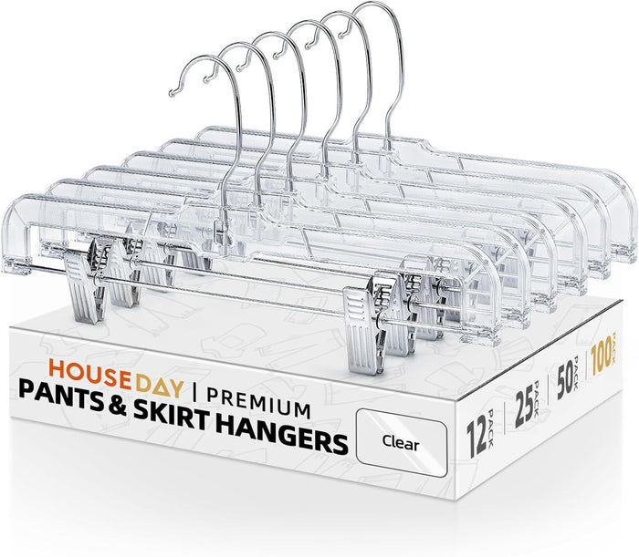 HOUSE DAY Clear Skirt Hangers with Clips 25 Pack, Non-Slip Pants Hangers for Closet, Clip Hanger for Pants, Skirts, Shorts, Troubles, 14'' Clear Plastic Hanger with 360 Swivel Hook