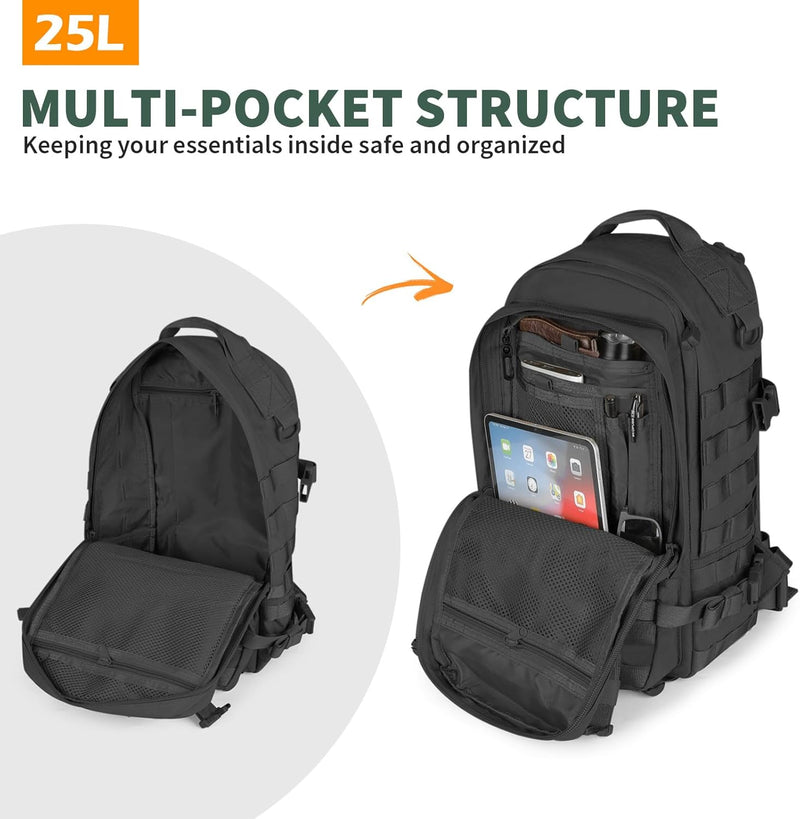 CamGo Military Tactical Backpack 25L MOLLE Hiking Daypack Trekking Rucksack Bug Out Bag for Daily Outdoor Sports(Black-25L)