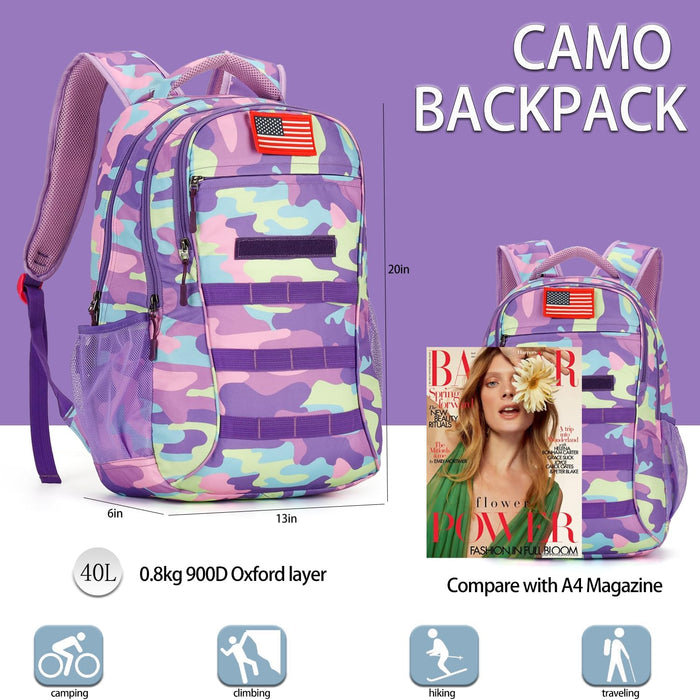 4land Camo Backpack for Boys,Army Boys Backpacks for Elementary Middle School Military,Camouflage Bookbag 40L