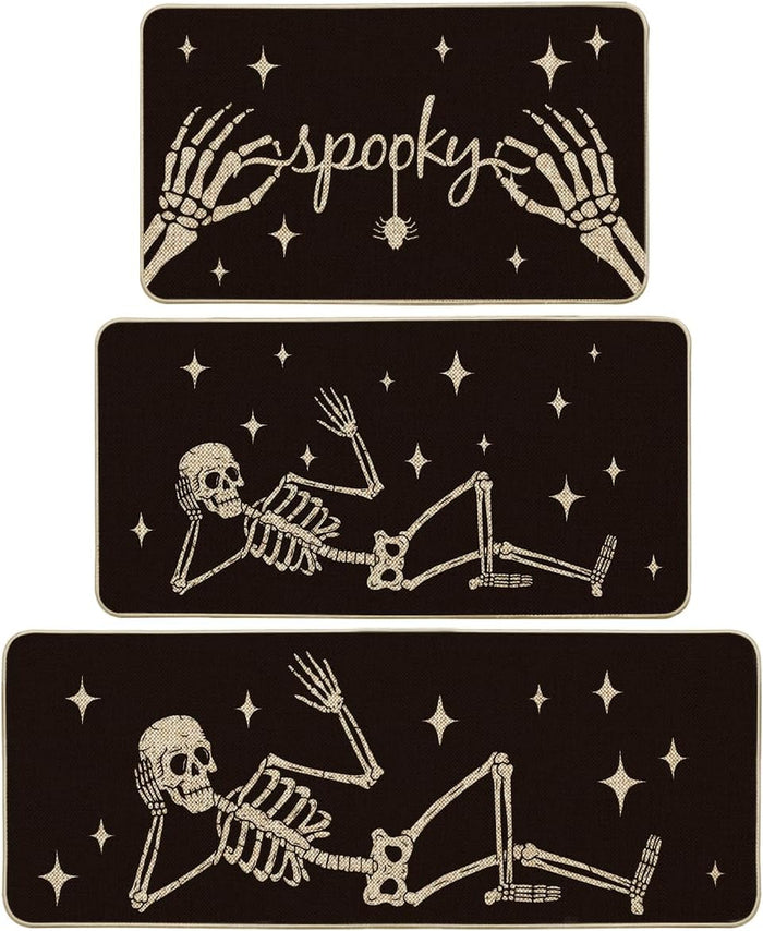 Artoid Mode Spooky Skeleton Spider Bone Black Halloween Kitchen Mats Set of 2, Black Home Decor Low-Profile Kitchen Rugs for Floor - 17x29 and 17x47 Inch