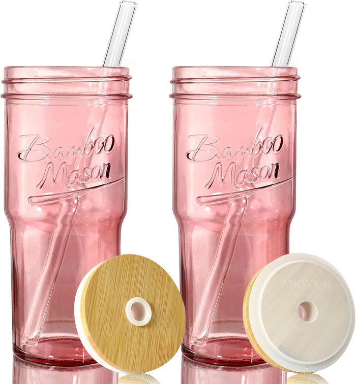 ANOTION Glass Cups with Lids and Straws - 24 oz Tumbler with Handle Halloween Coffee Cups Glass Straws Mason Jar Cups Drinking Set Kitchen Essentials Coffee Bar House Warming Gifts New Home