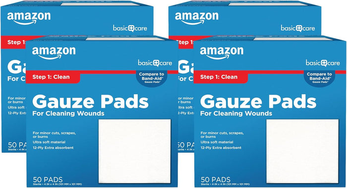 Amazon Basic Care Gauze Pads, 4x4 inches Sterile Medical Wound Dressing Sponges for Cleaning, Covering, & Cushioning Cuts & Minor Injuries, 50 Count (Pack of 1), (Previously All Health)
