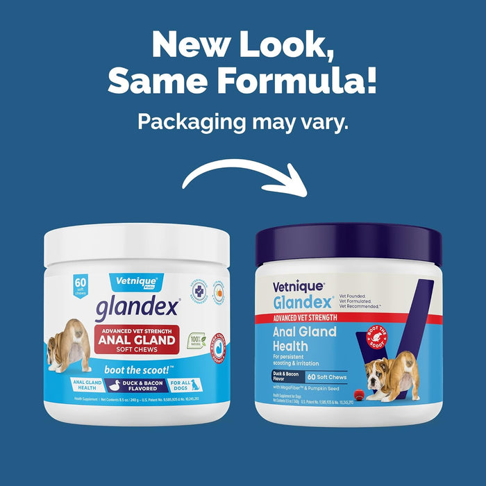 Vetnique Glandex Anal Gland Soft Chew Treats with Pumpkin for Dogs Digestive Enzymes, Probiotics Fiber Supplement for Dogs Boot The Scoot (Advanced Strength Duck/Bacon Chews (Vegetarian), 60 Ct)