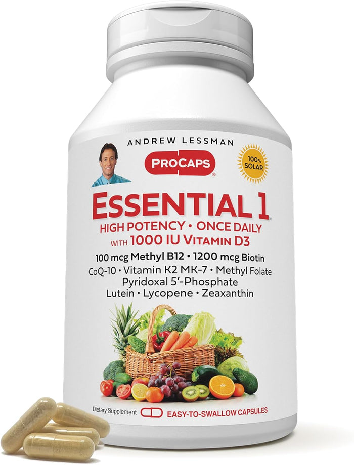 ANDREW LESSMAN Essential-1 Multivitamin 1000 IU Vitamin D3 60 Small Capsules - 100 mcg Methyl B12. CoQ10 Lutein Lycopene Zeaxanthin. High Potency. No Additives. Ultra-Mild. One Daily Capsule