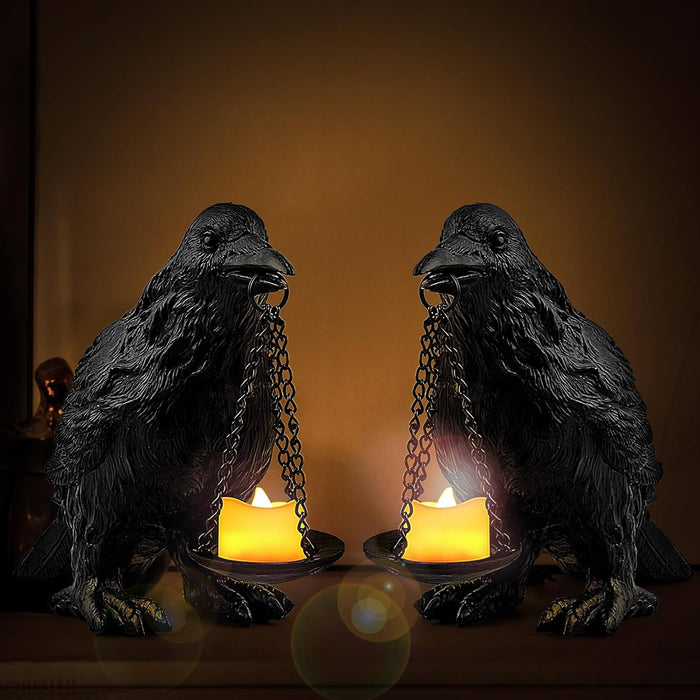 Halloween Decorations Indoor Gothic Home Decor Raven Lamp Tealight Holder for Bedroom Fake Crow Candle Holder Halloween Table Decorations Black