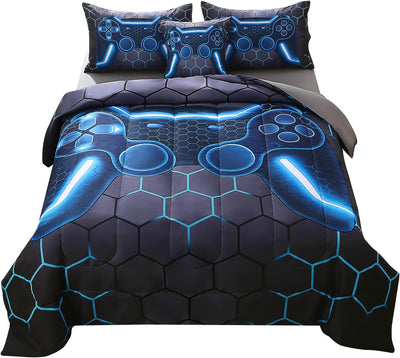 JQinHome Full Gamer Comforter Set,6 Piece Bed in A Bag 3D Video Game Bedding -All Season Down Alternative Gamer Bedding Sets - (Blue Game Controller)
