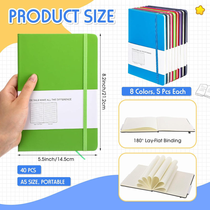 40 Pack A5 Lined Journal Notebooks Bulk 5.5 x 8.2 Inches PU Leather Hardcover Notebook 50 Sheets 70 GSM Ruled Lined Writing Journal with Pen Holder for School Business Work Writing