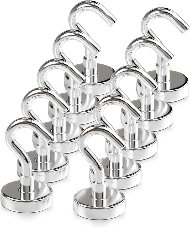 Magnetic Hooks 27 LBS (Pack of 10 Silver) - Heavy Duty Neodymium Hooks for Outdoor & Backyard Use - Strong Rare Earth Magnets for Cruise Cabins - Magnetic Hooks for Kitchen & Refrigerators