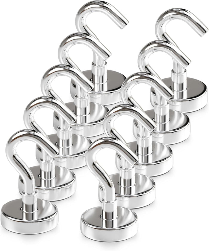 Magnetic Hooks 27 LBS (Pack of 10 Silver) - Heavy Duty Neodymium Hooks for Outdoor & Backyard Use - Strong Rare Earth Magnets for Cruise Cabins - Magnetic Hooks for Kitchen & Refrigerators