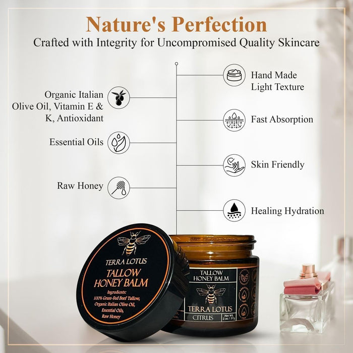 Organic Grass-Fed Beef Tallow Balm with Raw Honey - Moisturizing Cream for Soft, Smooth Skin - Handmade All-Natural Moisturizer (2 Oz, Unscented)