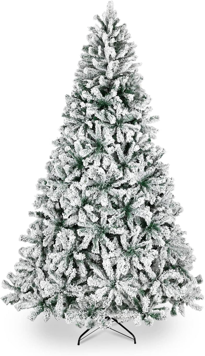 Bonnlo 7.5 ft Unlit Snow Flocked Hinged Artificial Christmas Pine Tree Full 1450 Tips Branch w/Sturdy Metal Stand for Holiday Xmas Indoor and Outdoor Decoration