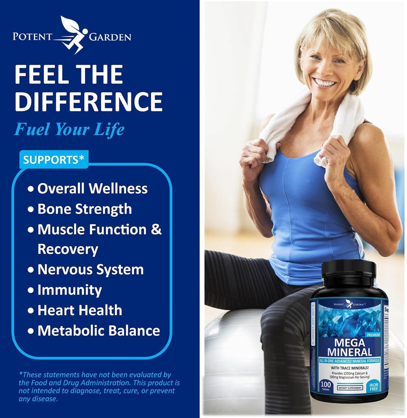 Potent Garden Mega Mineral Supplement Complete Mineral Complex with Calcium Magnesium Zinc Potassium Boron Selenium Chromium & 72 Trace Minerals Iron Free Calcium Supplement -100 Pills