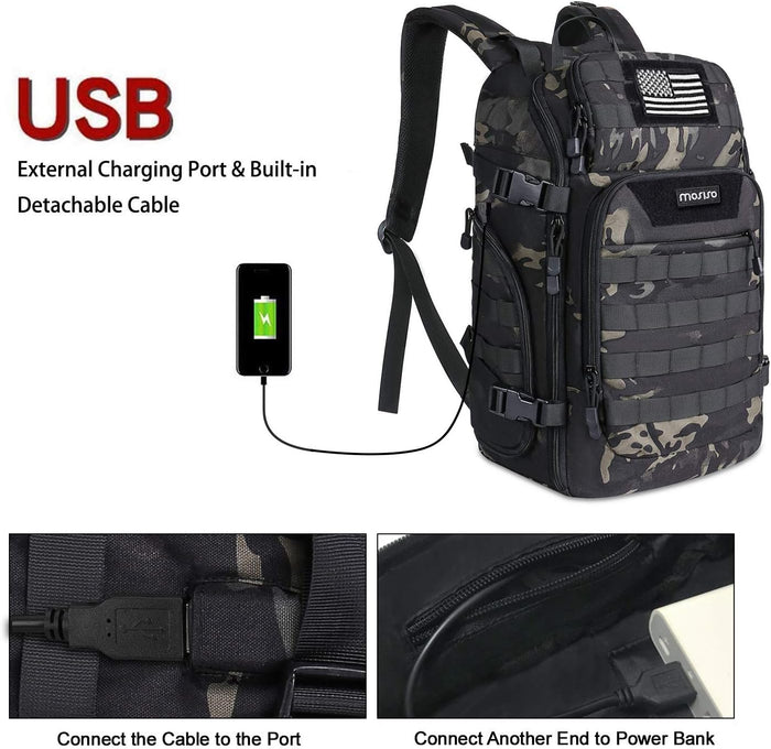 MOSISO 30L Tactical Backpack, Military Daypack 3 Day Assault Rucksack Outdoor Hiking Hunting Fishing Camping Training Shoulder Bag with USA Flag Patch & USB Charging Port, Night Camouflage