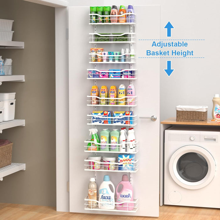 9-Tier Over The Door Pantry Organizer, Metal Pantry Organizers and Storage with Adjustable Basket, Spice Rack Seasoning Shelves, Over the Door Organizer for Pantry Kitchen Laundry, White