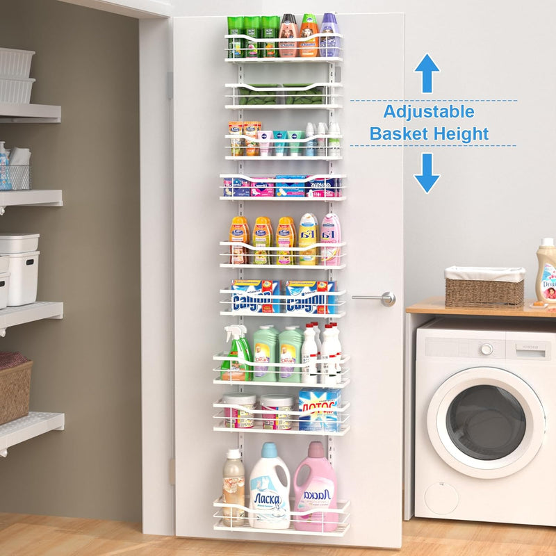 9-Tier Over The Door Pantry Organizer, Metal Pantry Organizers and Storage with Adjustable Basket, Spice Rack Seasoning Shelves, Over the Door Organizer for Pantry Kitchen Laundry, White