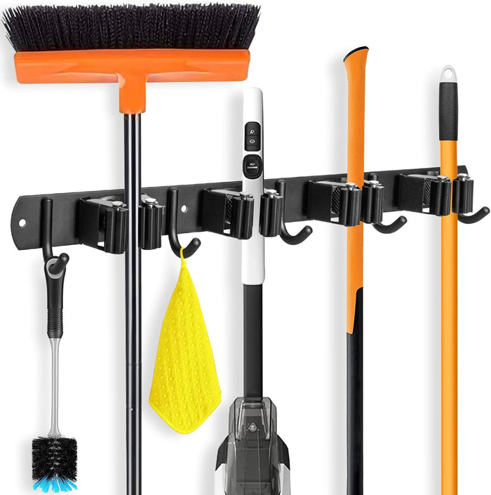 IMILLET Broom Holder Wall Mount, Broom Holder Stainless Steel Heavy Duty Garage Organization Broom Organizer Wall Mount Self Adhesive Laundry Room Organization and Storage（5 Racks and 4 Hooks）
