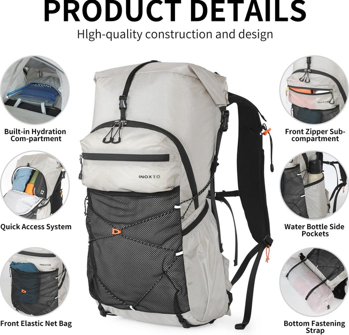 Hiking Backpack for Men and Women, 30L Waterproof Camping Backpack with 3L Water Bladder and Rain Cover, Lightweight Outdoor Sport Travel Daypack Rucksack for Climbing Cycling (Light gray)