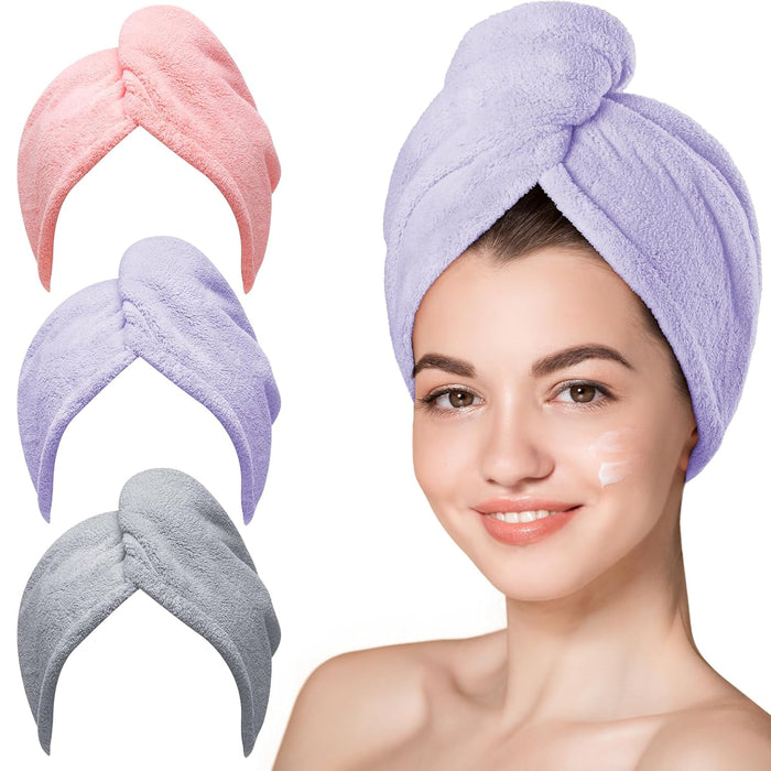 Hicober Microfiber Hair Towel Wrap, Fast Drying Hair Towels for Women, Soft Lightweight Quick Dry Turban for Curly & Long Hair–3 Pack(Blue/Grey/Pink)