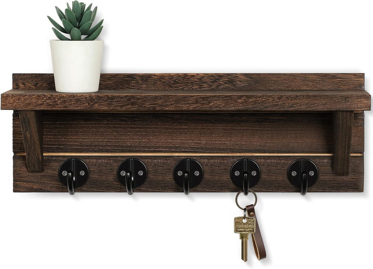Wall Key Holder with Shelf, Rustic Shelf with Hooks Made of Paulownia Wood Holds Keys, Dog Leash, Bags and More - 13.7" W x 4.7" H x 3.5" D Decorative Key Hanger and Entryway Shelf (Black)