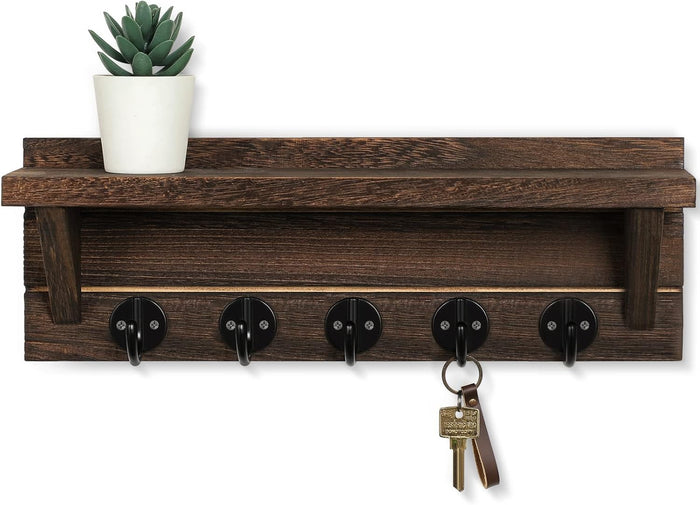 Wall Key Holder with Shelf, Rustic Shelf with Hooks Made of Paulownia Wood Holds Keys, Dog Leash, Bags and More - 13.7" W x 4.7" H x 3.5" D Decorative Key Hanger and Entryway Shelf (Black)