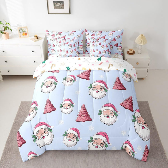 Feelyou Cute Santa Claus Bed Set Boys Girls Twin Size Snowflake 7 Pieces Beeding Set Ultra Soft Winter Bed in a Bag with Comforter, Sheets, Pillowcases Christmas Tree Room Decor Christmas Decorations