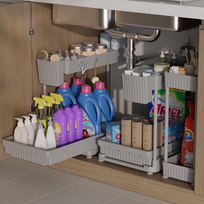 2 Pack Multi-Purpose Under Sink Organizers and Storage, 2025 Pull Out Cabinet Organizer for Bathroom & Kitchen, Under Cabinet Organizer with Hooks Hanging Cup, Black