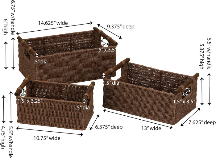 Household Essentials Decorative Woven Baskets Set of 3, Paper Rope with Wood Handles and Metal Frame, Small, Medium and Large, Brown