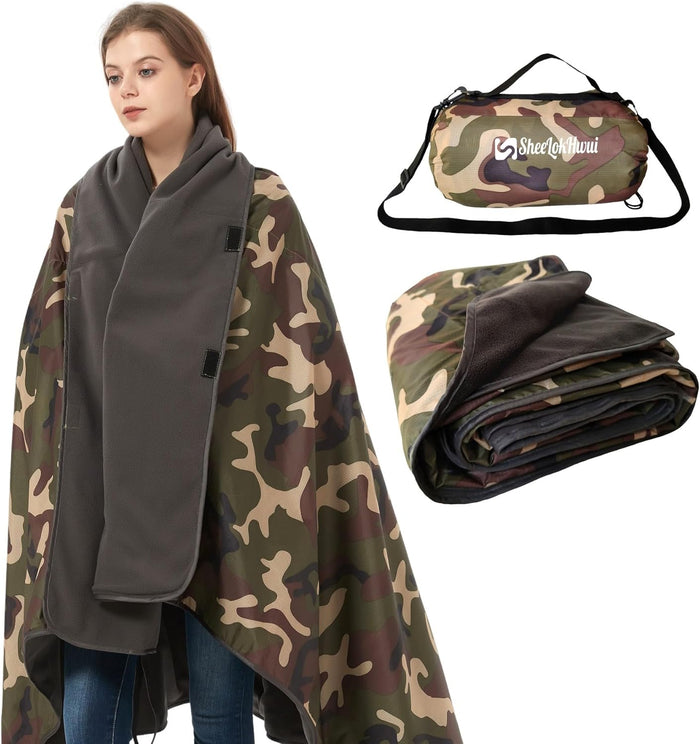 4-in-1 Large Camping Blankets - Waterproof, Windproof Fleece Outdoor Blankets for Stadium, Sports, Car, Concert - 81"x57", Portable (Dark Gray)