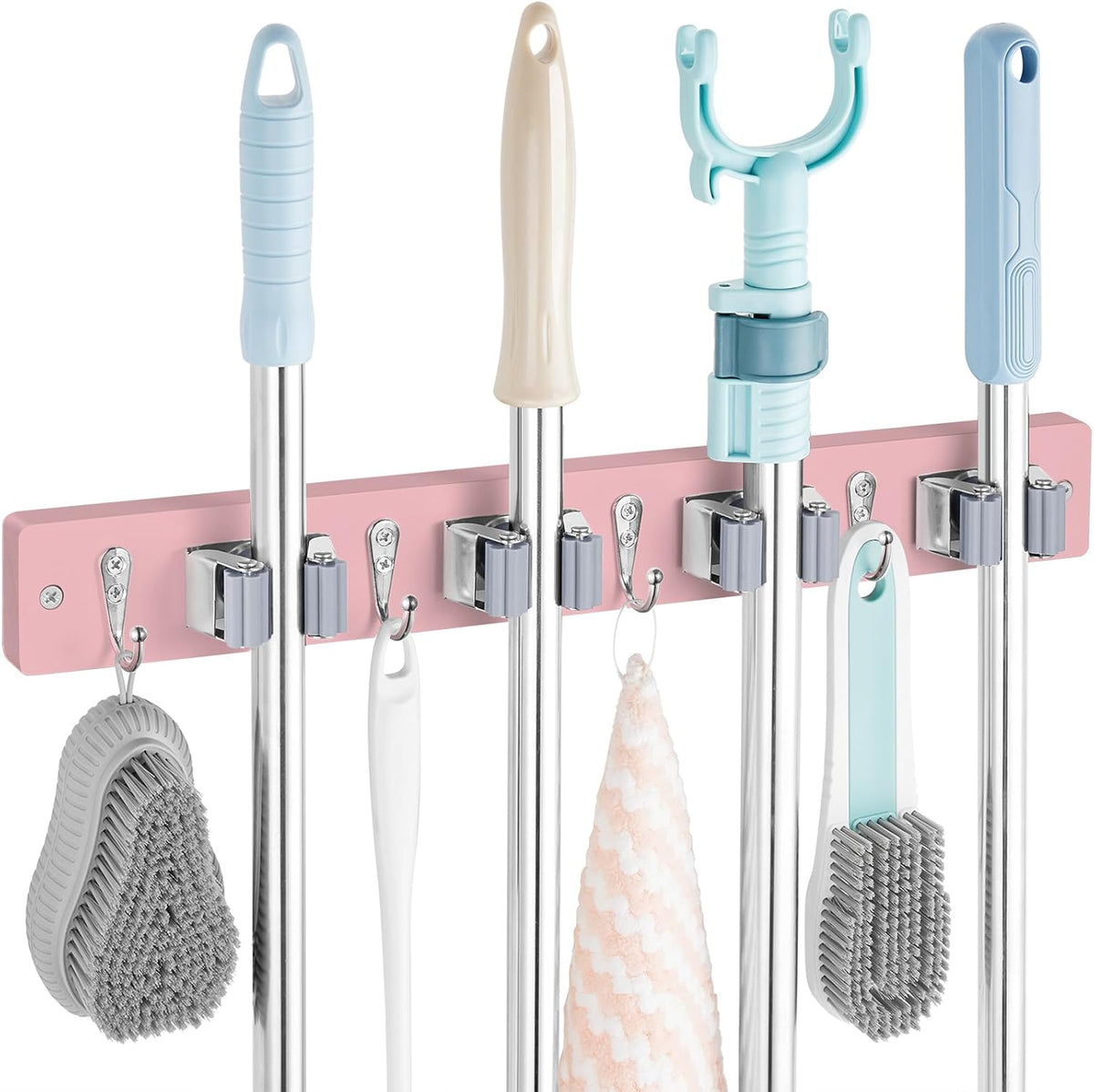 Mop and Broom Holder Wall Mount - Wood Broom Mop Hanger - Wall Mounted Garden Tool Rack Organizer for Closet Garage Laundry Room for Rustic Kitchen Decor With 5 Slots & 4 Hooks