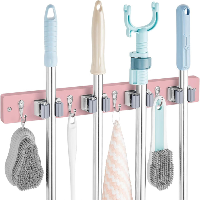 Mop and Broom Holder Wall Mount - Wood Broom Mop Hanger - Wall Mounted Garden Tool Rack Organizer for Closet Garage Laundry Room for Rustic Kitchen Decor With 5 Slots & 4 Hooks