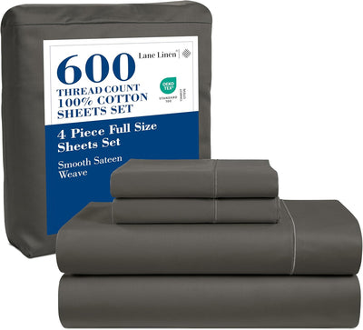 LANE LINEN 600 TC 100% Mercerized Cotton Machine Wash Full Size Bed Sheets Set, Fully Elasticized Fitted Sheet, European Closure Pillow Cases, Z Hem Top Sheet, Soft & Comfy Sheets- Charcoal
