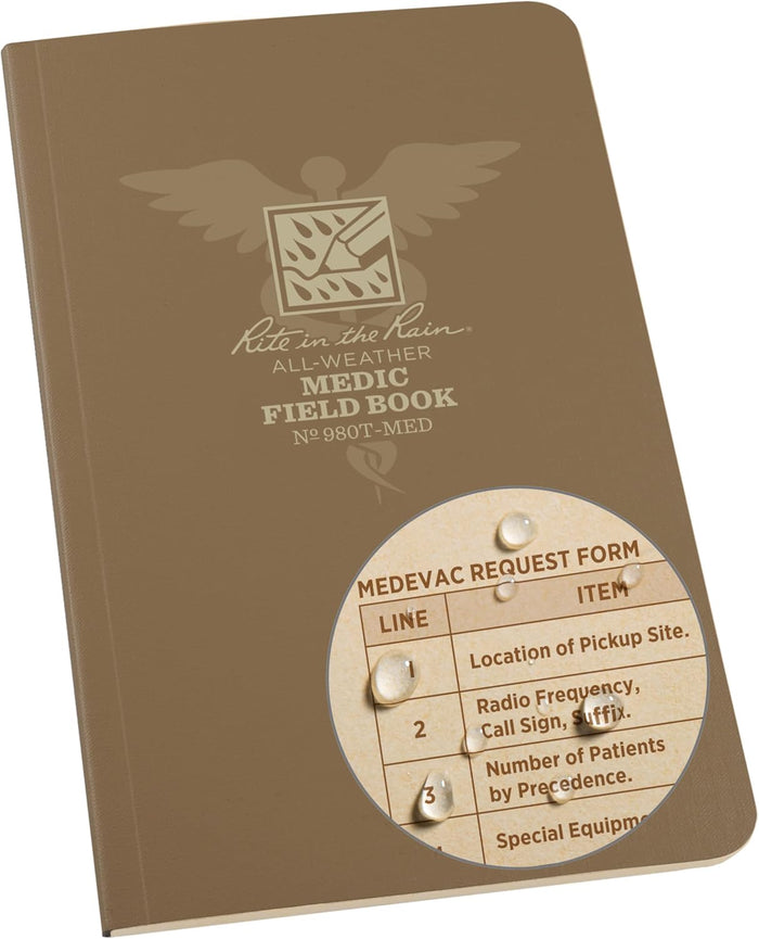 Rite in the Rain Weatherproof Book, 4.625” x 7”, Tactical Tan Soft Cover, Prolonged Casualty Care Medic Book (No. 980T-MED)