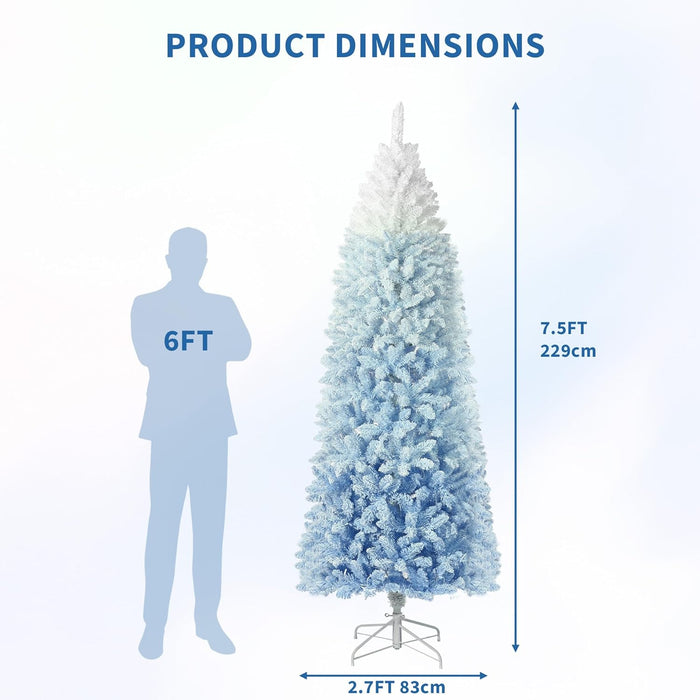 GAOMON 7.5Ft Pencil Christmas Tree Artificial Slim Xmas Trees Skinny Christmas Tree Decorations Fake Flockeds, White & Blue Gradient