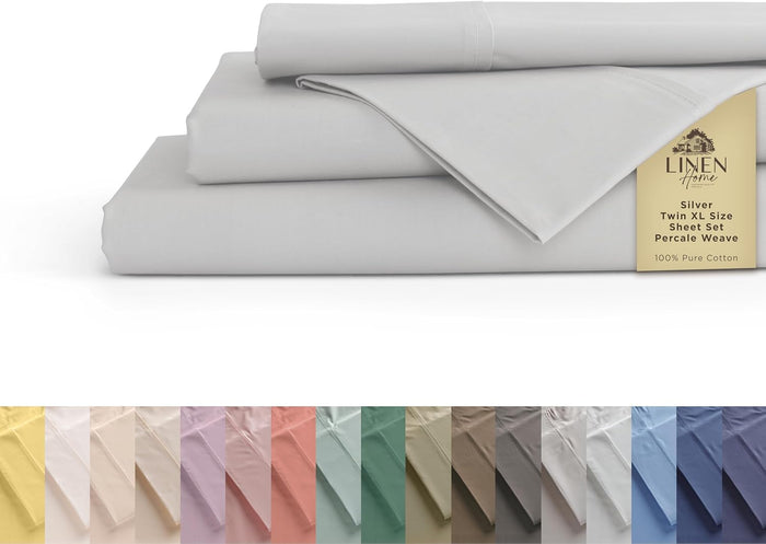 Linen Home 100% Cotton Percale Sheets Queen Size, Ivory, Deep Pocket, 4 Pieces Set - 1 Flat, 1 Deep Pocket Fitted Sheet and 2 Pillowcases, Crisp Cool and Strong Bed Linen