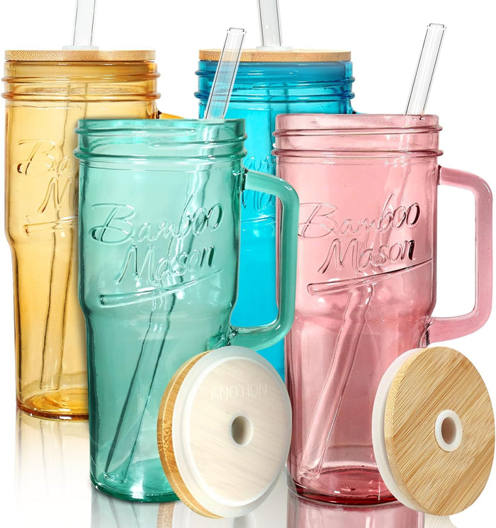 ANOTION Glass Cups with Lids and Straws - 24 oz Tumbler with Handle Halloween Coffee Cups Glass Straws Mason Jar Cups Drinking Set Kitchen Essentials Coffee Bar House Warming Gifts New Home