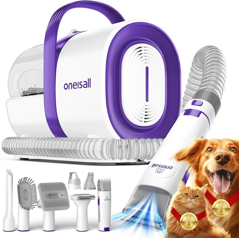 oneisall Dog Grooming Vacuum, Pet Grooming Vacuum with Clipper Nail Grinder, 1.5L Dust Cup Dog deshedding Vacuum Brush with 7 Pet Grooming Tools for Shedding Pet Hair, Home Cleaning(Blue)