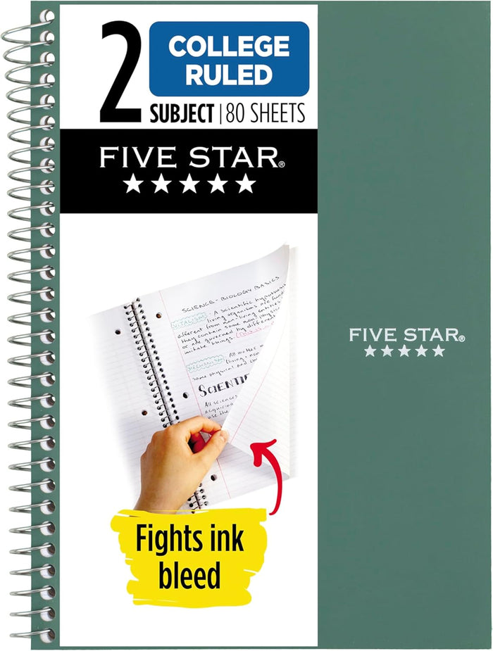 Five Star Spiral Notebook, 2 Subject, College Ruled Paper, 6" x 9-1/2", 80 Sheets, Fights Ink Bleed, Water Resistant Cover, Tidewater Blue (840029CG1-ECM)